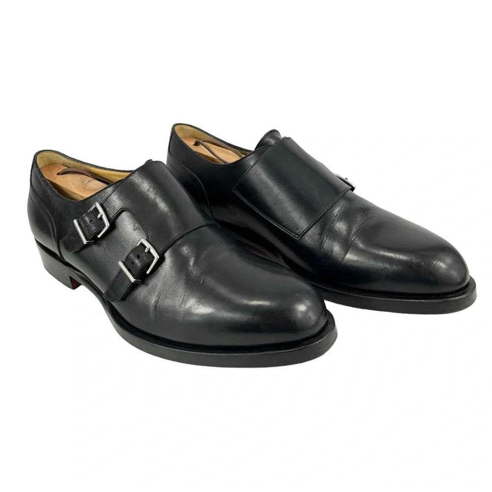 Hermès Men’s 42 Double Monk Strap Black Calfskin Dress Shoes Silver‎ Buckles